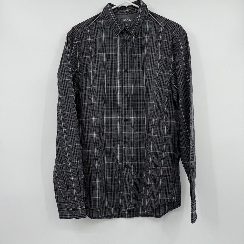 Kenneth Cole Reaction Shirt Men Medium NEW Gray Plaid Long Sleeve Button Up